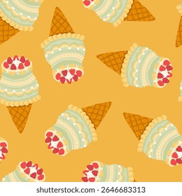 Vetor bonito padrão sem emenda com vintage sorvete de bolo desenhado à mão cone coberto com morangos. Estilo giz de cera, perfeito para embalagem, bens de festa, envoltório de presente, uso digital