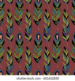 Cute vector seamless pattern with vintage ethnic feathers in pastel colors. Ideal stylish style for cards, website design, birthday, Valentines Day and any type of holiday or wedding invitations.