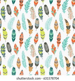 Cute vector seamless pattern with vintage ethnic feathers in pastel colors. Ideal style for cards, website design, birthday, Valentines Day and any type of holiday or wedding invitations