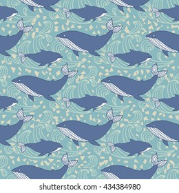 Cute vector seamless pattern with whales in blue water. Lovely background illustration.