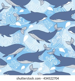 Cute vector seamless pattern with whales. Lovely background illustration.