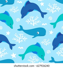Cute vector seamless pattern with whales. Lovely background illustration.