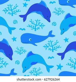 Cute vector seamless pattern with whales. Lovely background illustration.