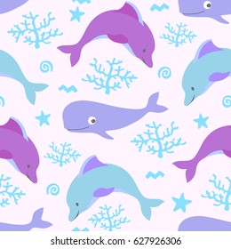 Cute vector seamless pattern with whales. Lovely background illustration.