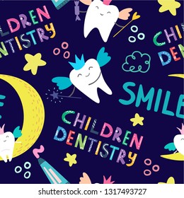 Cute vector seamless pattern with white magic teeth, stars, moon and lettering