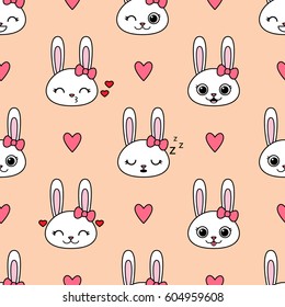 Cute vector seamless pattern with white bunnies and hearts