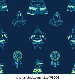 Cute vector seamless pattern with wigwam, fire, dream catcher and indian rabbit 