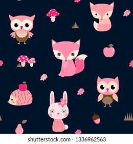 Cute vector seamless pattern with woodland animal characters in pink colors - owl, fox hedgehog and bunny 