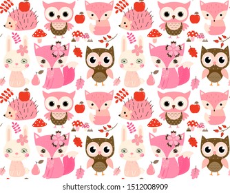 Cute vector seamless pattern with woodland animals in pink and brown colors on white background 