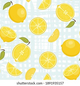 Cute vector seamless pattern with yellow lemons on pastel blue crossed brush strokes background. Fresh fruits texture for textile, wrapping paper, surface, wallpaper design