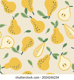 cute vector seamless pattern with yellow pear. vector fruit illustration. fruit in hand-drawn style. 