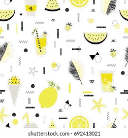 Cute vector seamless pattern with yellow stickers. All elements are  hidden under mask. Pattern are not cropped and can be edited. Patch or fashion pin badges. Summer