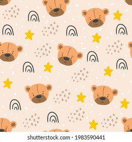 Cute vector seamless patterns with bears, rainbows, stars on beige background. Kids doodle illustrations. Cute bear portrait, stickers, stylish bear, boy and girl animals, kids unisex textile design