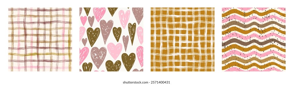 Cute vector seamless patterns with plaid crossing rough, irregular brush strokes, wavy stripes, checks and hand drawn doodle hearts, background texture set in warm earthy neutral brown and pink tones