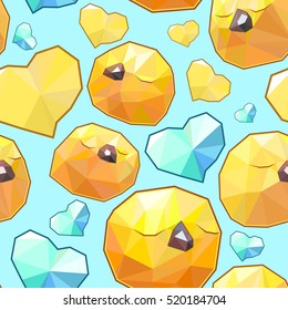 Cute vector seamless with polygonal chicks on blue background