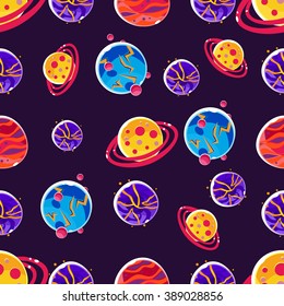 Cute Vector Seamless Print With Fantastic Multicolored Planets on Dark Blue Background 