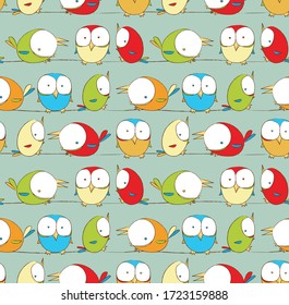 Cute vector seamless repeat pattern of big eyed birds sitting together on the telephone lines. 