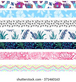 cute vector seamless ribbons with botanical prints of flowers, birds, stripes.