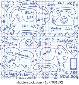 Cute vector seamless texture with telephones and phrases handwritten on a grid copybook paper