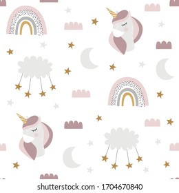 Cute Vector Seamless Unicorn Pattern For Kids, Baby Apparel, Fabric, Textile, Wallpaper, Bedding, Swaddles With Unicorn, Rainbow, Cloud, Sky, Star, Moon