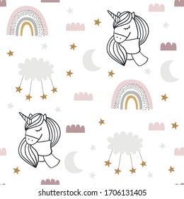 Cute vector seamless unicorn pattern for kids, baby apparel, fabric, textile, wallpaper, bedding, swaddles with unicorn, rainbow, cloud, sky, star, moon