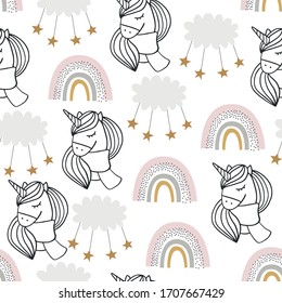 Cute vector seamless unicorn pattern for kids, baby apparel, fabric, textile, wallpaper, bedding, swaddles with unicorn, rainbow, cloud, sky, star, moon