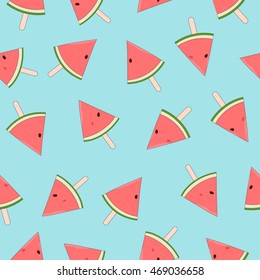 cute vector seamless watermelon juicy ripe slices on a stick pattern on blue background. Summer fresh fruit background. Can be used for wallpapers, surface textures.