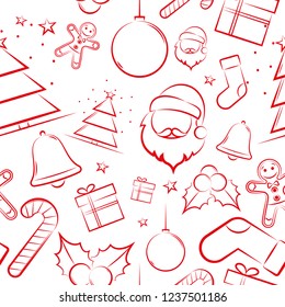 Cute vector seamless winter holiday background in red and white. Christmas theme, Christmas tree, bell, Christmas ball, candy, snowflakes, Santa Claus, gift, sweet. For greeting cards, gift wrapping 