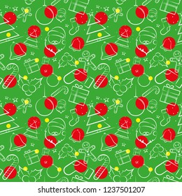 Cute vector seamless winter holiday background in red and white. Christmas theme, Christmas tree, bell, Christmas ball, candy, snowflakes, Santa Claus, gift, sweet. For greeting cards, gift wrapping 