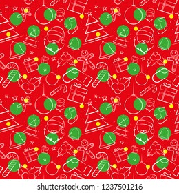 Cute vector seamless winter holiday background in red and white. Christmas theme, Christmas tree, bell, Christmas ball, candy, snowflakes, Santa Claus, gift, sweet. For greeting cards, gift wrapping 