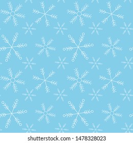 Cute vector seamless winter pattern, white snowflakes at the blue background. Christmas and New year ornament. Usable for wrapping paper, posters, banners, gift cards, textile, bed linen etc.