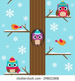 Cute vector seamless winter pattern with snowflakes. Bright background with tree and owls sitting on branches in snow.