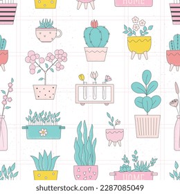 Cute vector seamlesspattern with homeplant, vase, flowers for wallpaper, wrapping paper.
