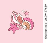 Cute vector seashell and seastar. Hand drawn marine life artwork. Perfect for sticker, tee shirt logo, greeting card, poster or nursery print design. EPS 10 vector file.