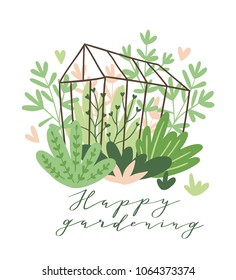 Cute vector seasonal greeting card - Growing flowers and plants in the greenhouse. Spring garden background with text 'Happy gardening'.