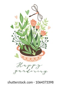 Cute vector seasonal greeting card - Growing flowers in the flower bed. Spring garden background with text 'Happy gardening'.