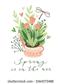 Cute vector seasonal greeting card - Growing flowers in the flower bed. Spring garden background with text 'Spring is in the air'.