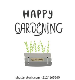  Cute vector seasonal greeting card with text 'Happy gardening'. Space for text background. Calligraphic poster. Spring, gardening concept. Flat vector illustration.