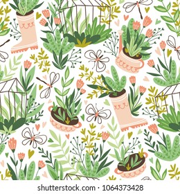 Cute vector seasonal seamless pattern. Growing flowers and plants in the greenhouse. Spring endless garden background. Happy gardening.