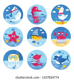 Cute vector set about sea life: captain whale, fish, seahorse, shrimp, star, crab, jellyfish, sailor shark. Animals in color circles for children designs: icon, sticker, card, invitation, clothes.