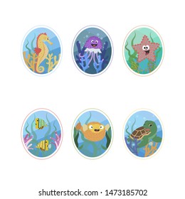 Cute vector set about sea life: whale, fish, seahorse,  star,  jellyfish, turtle. Animals in color circles for children designs: icon, sticker, card, invitation, clothes, prints, nursery decor