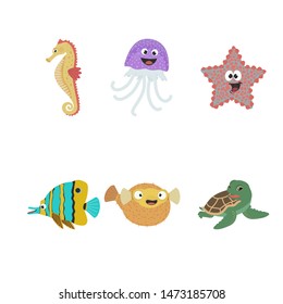 Cute vector set about sea life:  fish, seahorse,  star,  jellyfish, turtle. Vector illustration can use for children designs: icon, sticker, card, invitation, clothes, prints, nursery decor