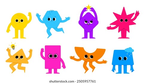 Cute vector set of Abstract geometric characters. Geometric comic creature emotions. Simple Math for children. Shapes for math education. Funny square, triangle, circle.  Cartoon cute geometry shapes 