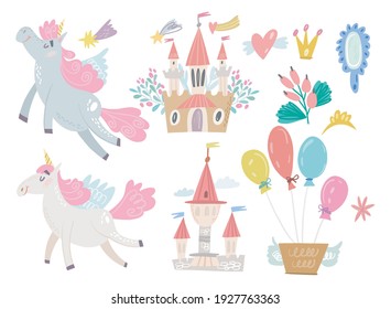 Cute Vector Set of Adorable Unicorns, Castles and Balloons. Lovely Princess Set. 