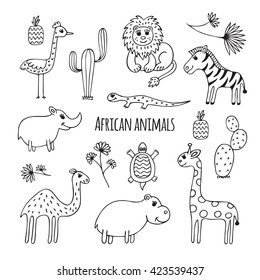 Cute vector set of africa animals in cartoon style. Black and white sketch.  Hippo, lizard, Rhino, cactus, ostrich, lion, giraffe, camel, Zebra, turtle.
