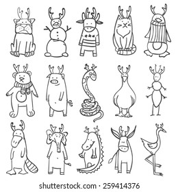 Cute vector set of animals dressed like deers, 