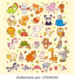 Cute vector set of  animals, fish and birds: giraffe, fox, elephant, cat, lion, zebra, whale, panda, owl. 