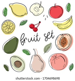 Cute vector set with apple, lemon, banana, avocado, pear, peach and cherry. 