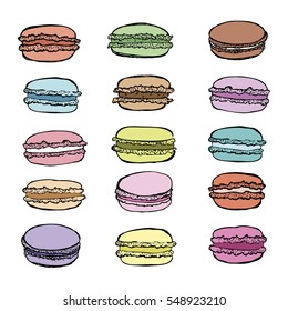 Cute vector set with assorted macarons. Macaroon background