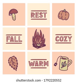 Cute vector set of autumn doodles with hand lettering, pumpkin, leaf, tea cup, bonfire